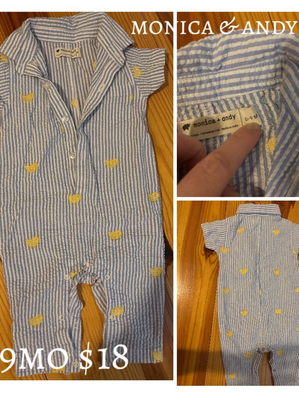 Monica + Andy Blue & Yellow Striped Seersucker Baby Romper